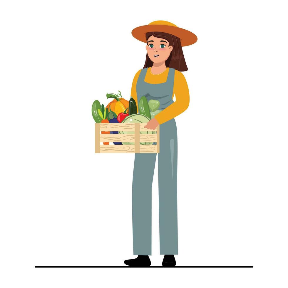 illustration de une femme en portant une boîte plein de des légumes. vecteur