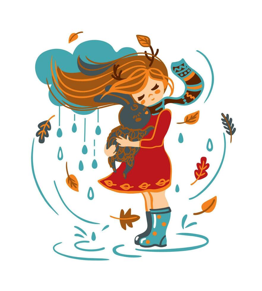 peu fille câlins une peluche lapin sur une marcher dans le parc. pluvieux l'automne. mignonne illustration. vecteur. vecteur