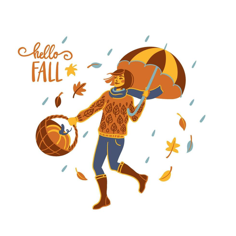 femme cueillette citrouilles et en marchant dans le pluie dans le l'automne parc. l'automne décoration. préparation pour Halloween. vecteur illustration.