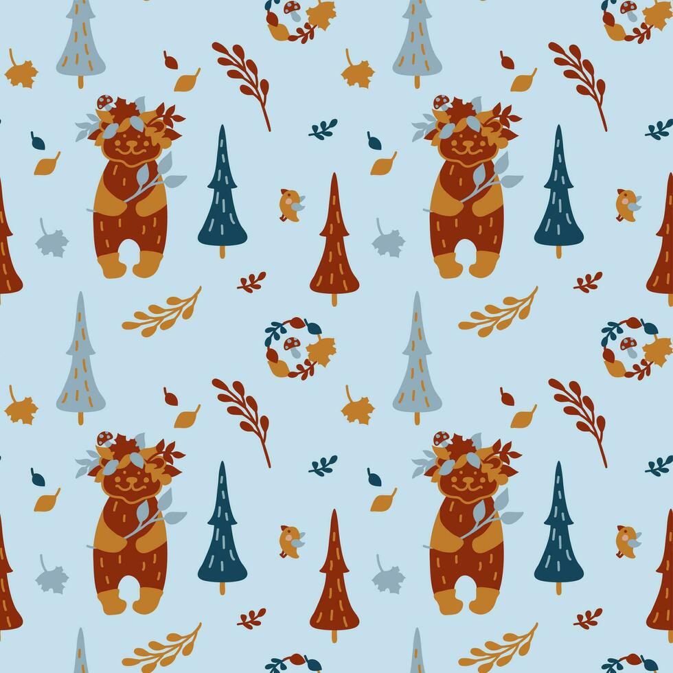 puéril sans couture modèle avec mignonne ours dans le l'automne forêt. des gamins illustration texture pour tissu, emballage, textile, fond d'écran, vêtements. vecteur