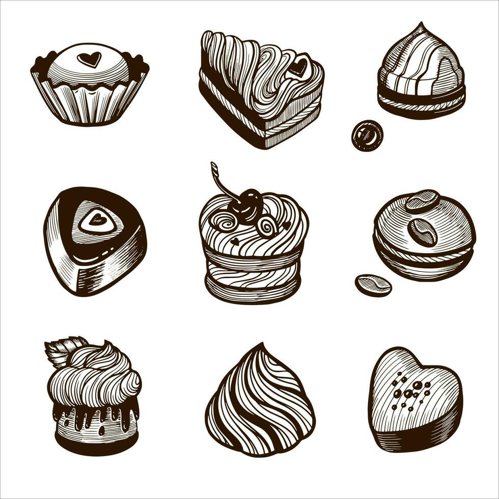 des chocolats. dessiné à la main esquisser bonbons, chocolat, Pâtisserie, muffin, bonbon friandise. vecteur illustration.