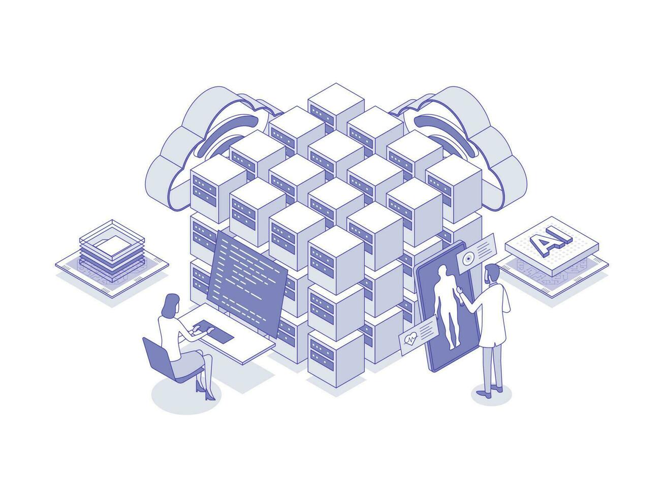 en utilisant artificiel intelligence pour médical Les données exploitation minière, une puissant outil pour en cours d'analyse grand les montants de données. artificiel intelligence dans soins de santé direct isométrique illustration. vecteur