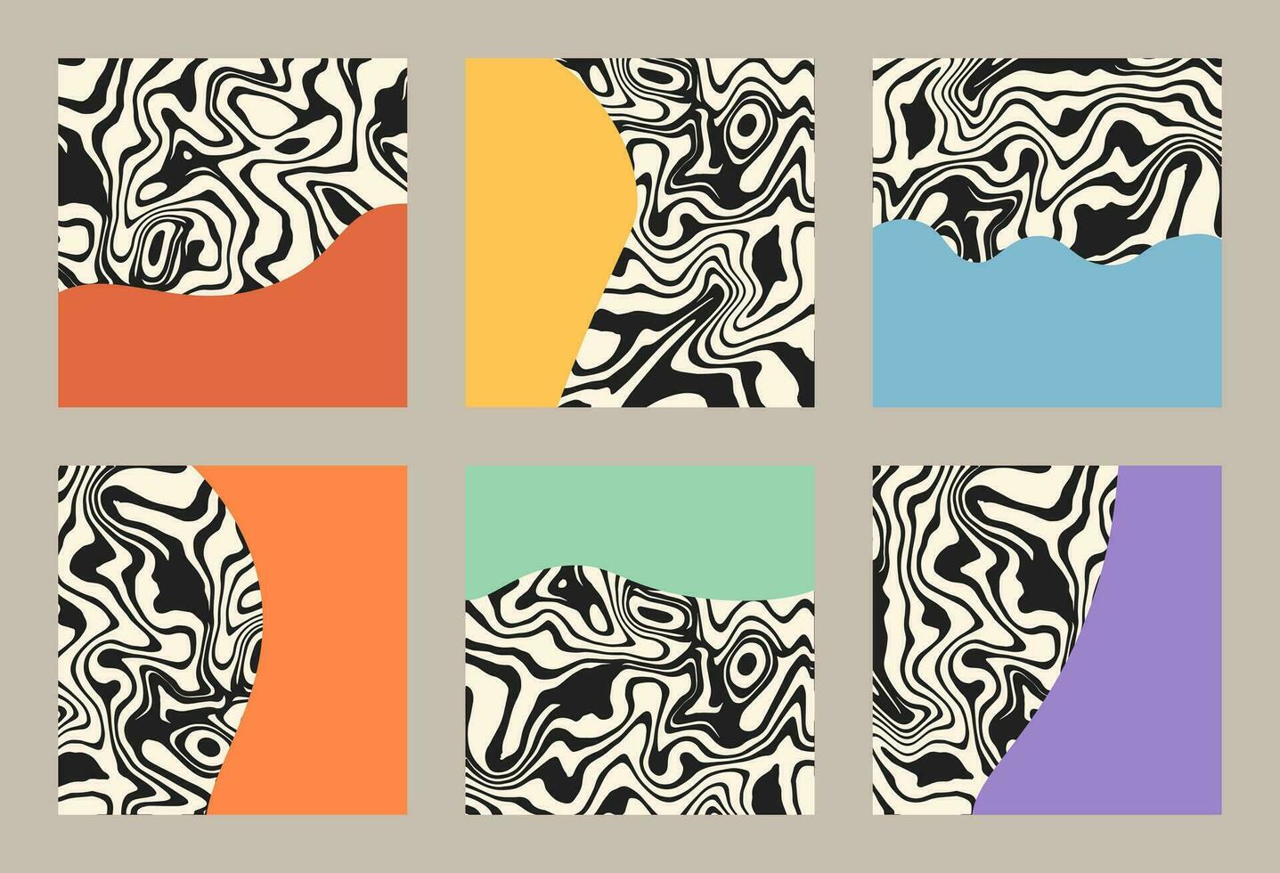 ensemble abstrait carré arrière-plans dans rétro sensationnel style. branché marbre psychédélique motifs années 60-70. cool vecteur couverture modèles pour social médias Publier invitation, salutation carte, bannière, publicité, vente