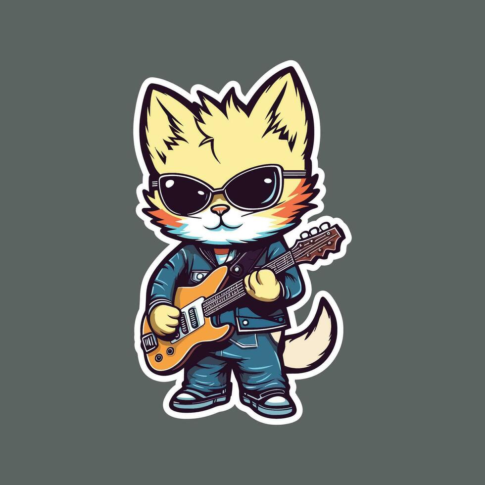 autocollant de mascotte Roche chat en jouant guitare vecteur