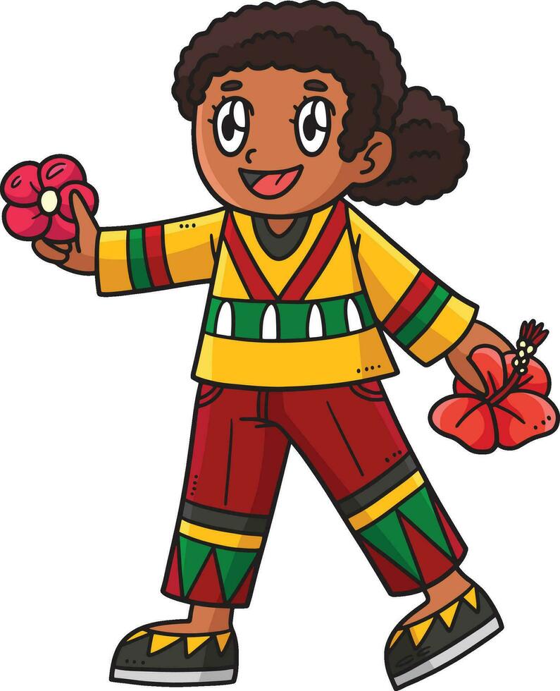 afro fille en portant fleurs dessin animé coloré clipart vecteur