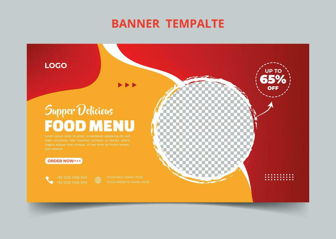 bannière web de marketing de médias sociaux de menu de nourriture de restaurant. vignette vidéo de promotion de vente en ligne de pizza, burger ou hamburger. fond de site de restauration rapide. flyer alimentaire avec logo et icône de l'entreprise. vecteur