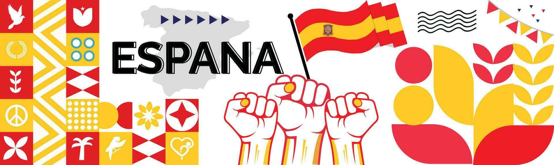 Espagnol nationale journée bannière conception. Espagnol drapeau et carte thème avec Contexte. modèle vecteur Espagnol drapeau moderne conception. abstrait géométrique rétro formes de rouge et bleu Jaune .