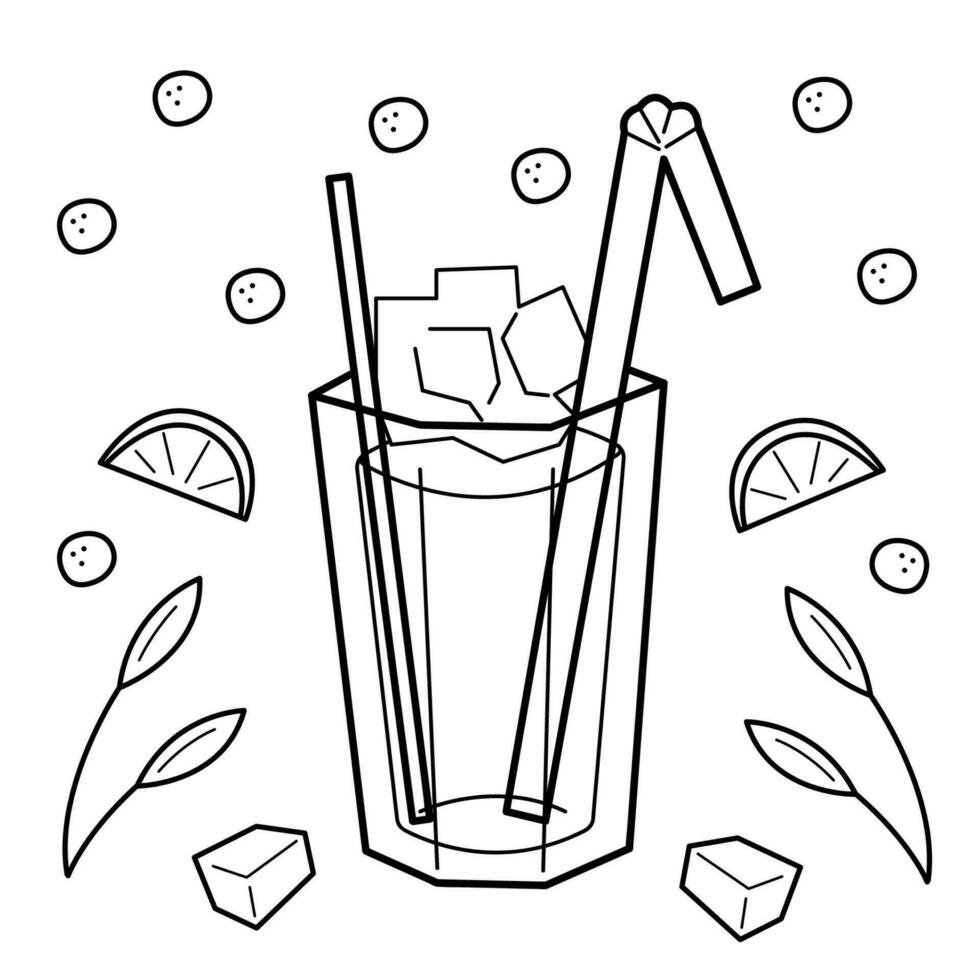 verre tasse avec pailles et du froid boire. griffonnage noir et blanc vecteur illustration.
