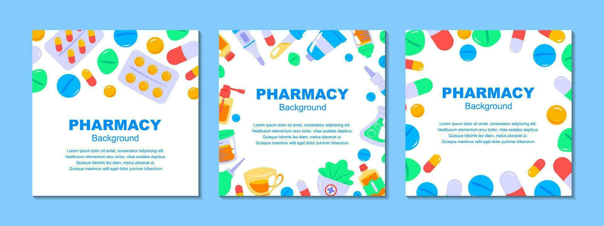 ensemble de pharmacie arrière-plans. pilules et drogues conception. médicament plat vecteur illustration