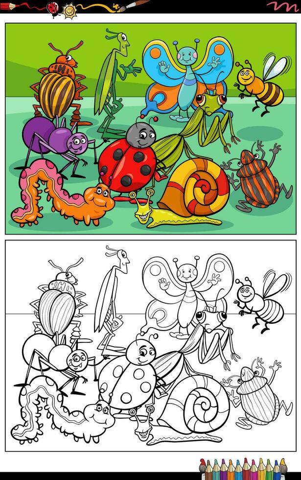 dessin animé insectes animal personnages groupe coloration page vecteur