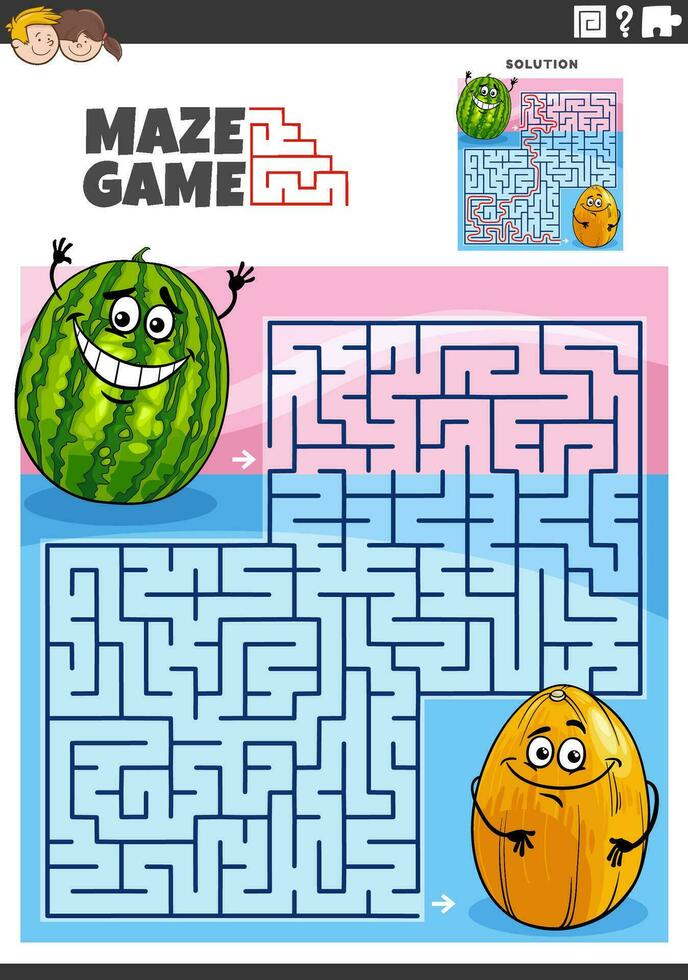 Labyrinthe Jeu activité avec dessin animé pastèque et melon vecteur