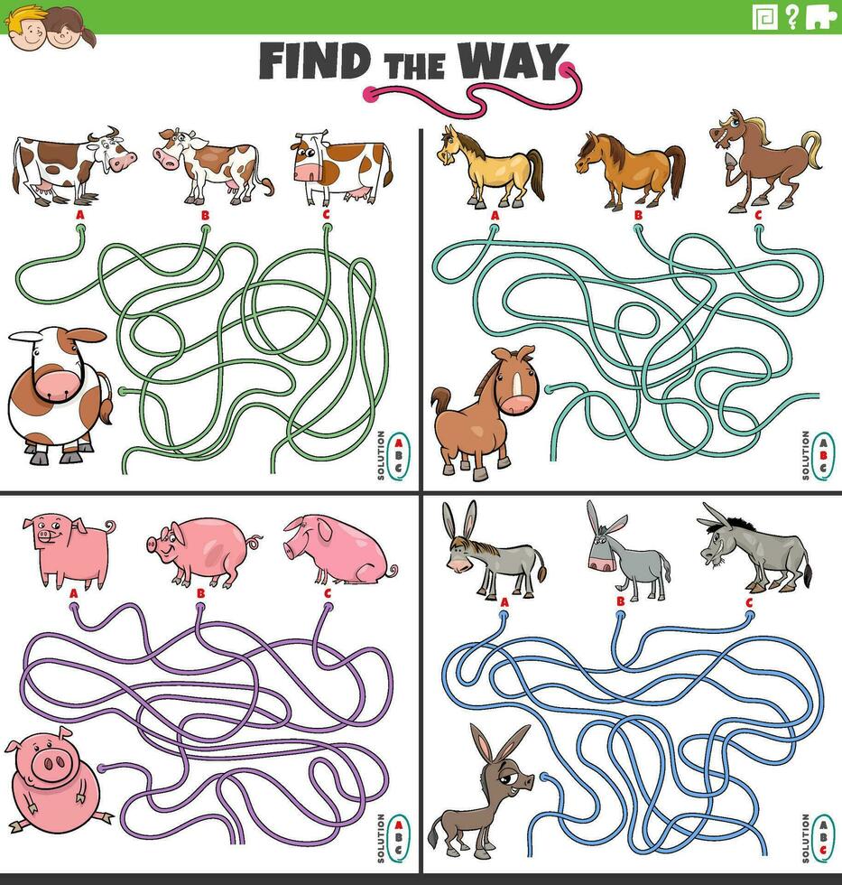 trouver le façon Labyrinthe Jeux ensemble avec dessin animé ferme animaux vecteur