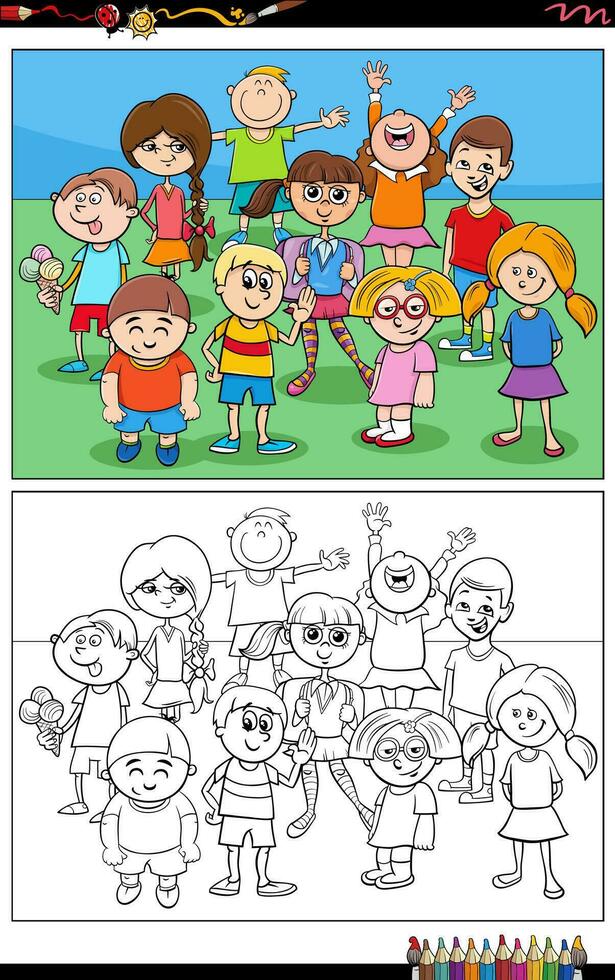 marrant dessin animé les enfants personnages groupe coloration page vecteur