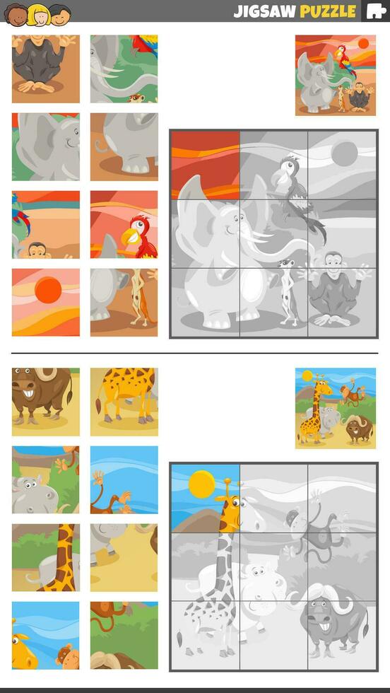 scie sauteuse puzzle Jeux ensemble avec dessin animé sauvage animal personnages vecteur
