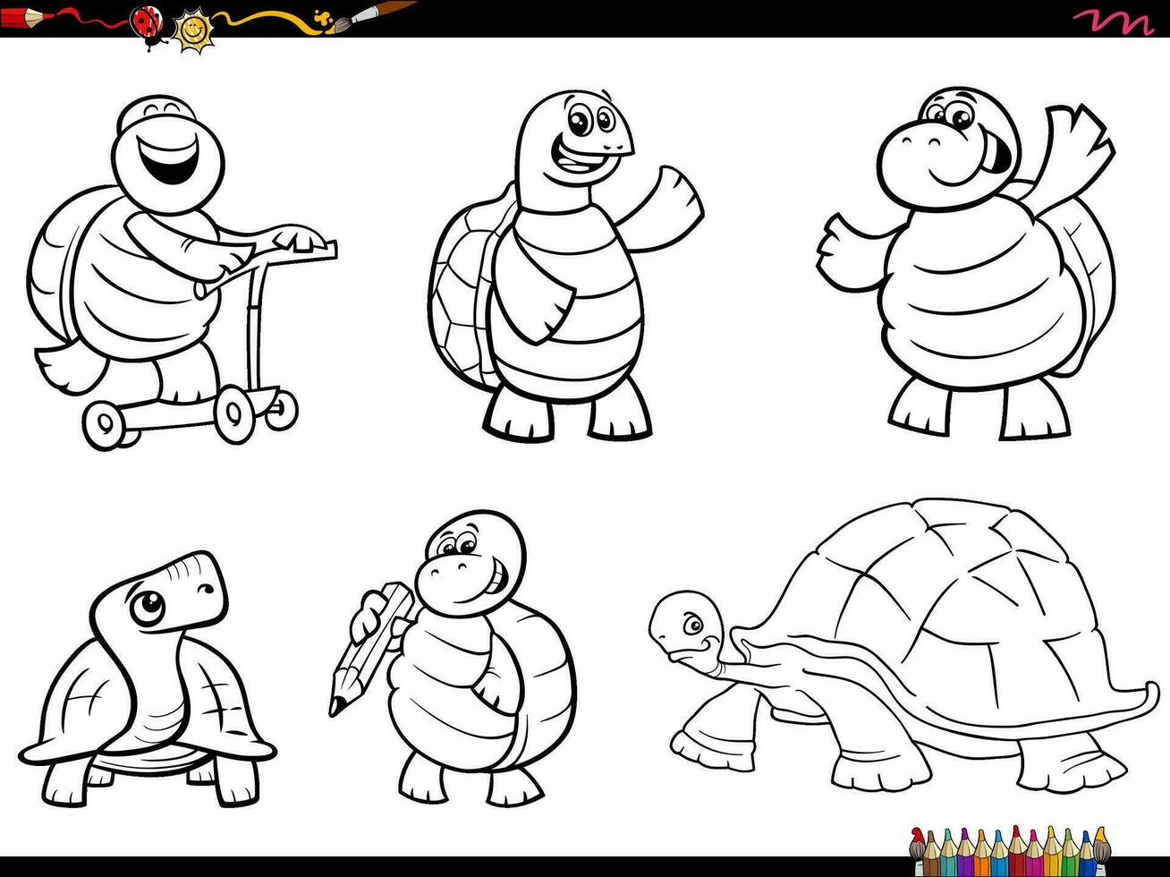 dessin animé tortues animal personnages ensemble coloration page vecteur