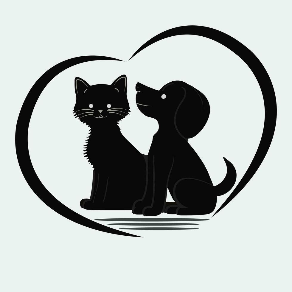 chien et chat silhouette dans une l'amour forme vecteur illustration