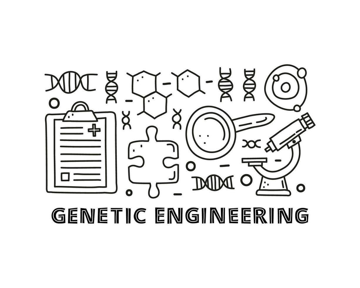 groupe d'icônes de génie génétique de contour de doodle. vecteur