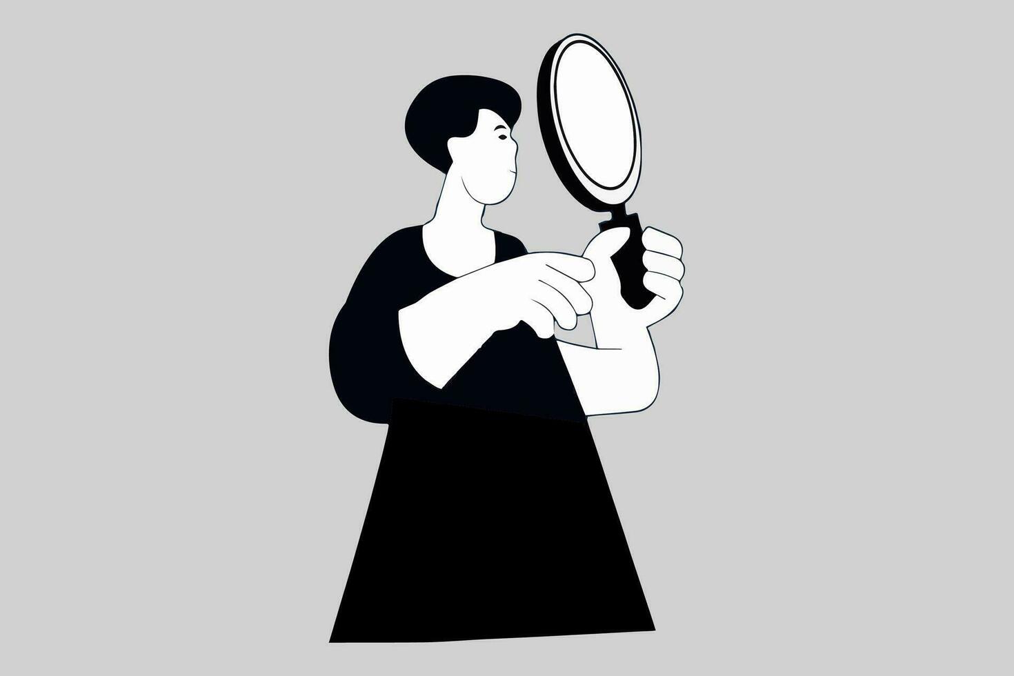 content fille regards dans miroir et bosse sa poing avec réflexion, magnifique Jeune femme avec sourire à la recherche sur soi dans rond miroir isolé sur Contexte vecteur