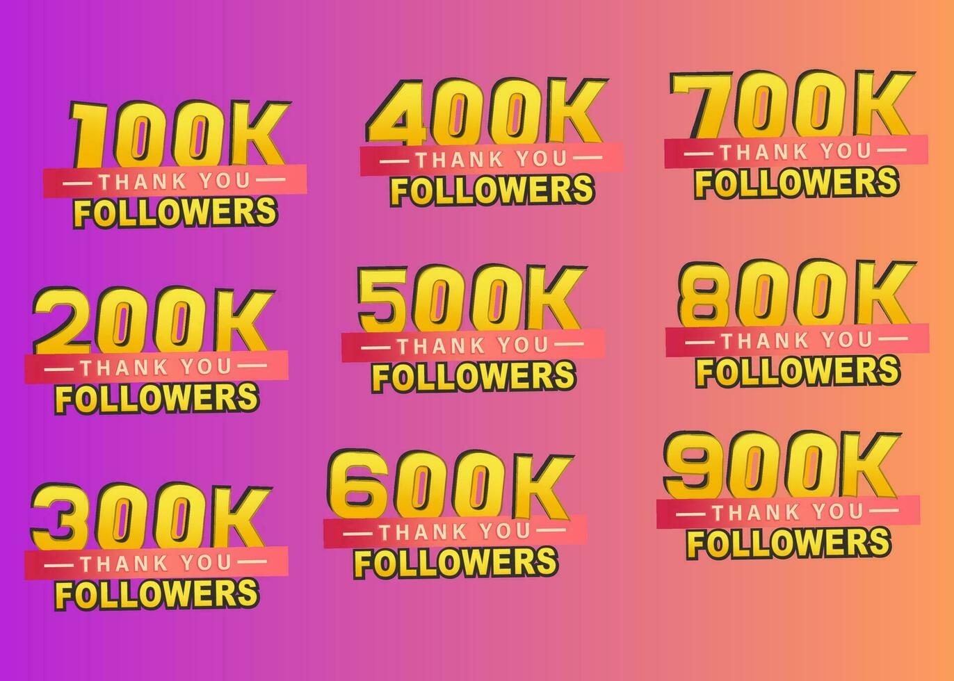 remercier vous 100 000 à 900 000 suiveurs bannière, vecteur illustration pour social les réseaux, ensemble bannière, Merci suiveurs félicitations carte, pente Contexte