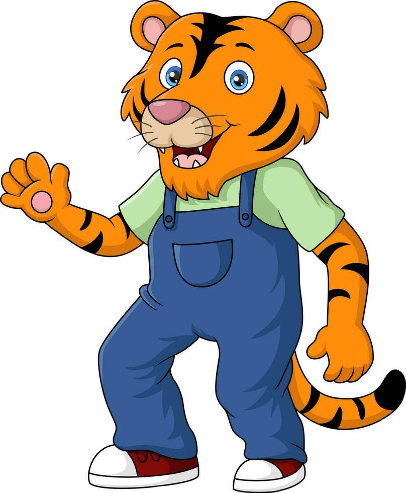 mignonne tigre dessin animé dans vêtements agitant main vecteur