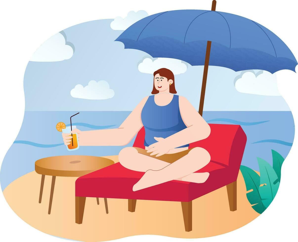 une femme profiter été vacances à le plage illustration vecteur