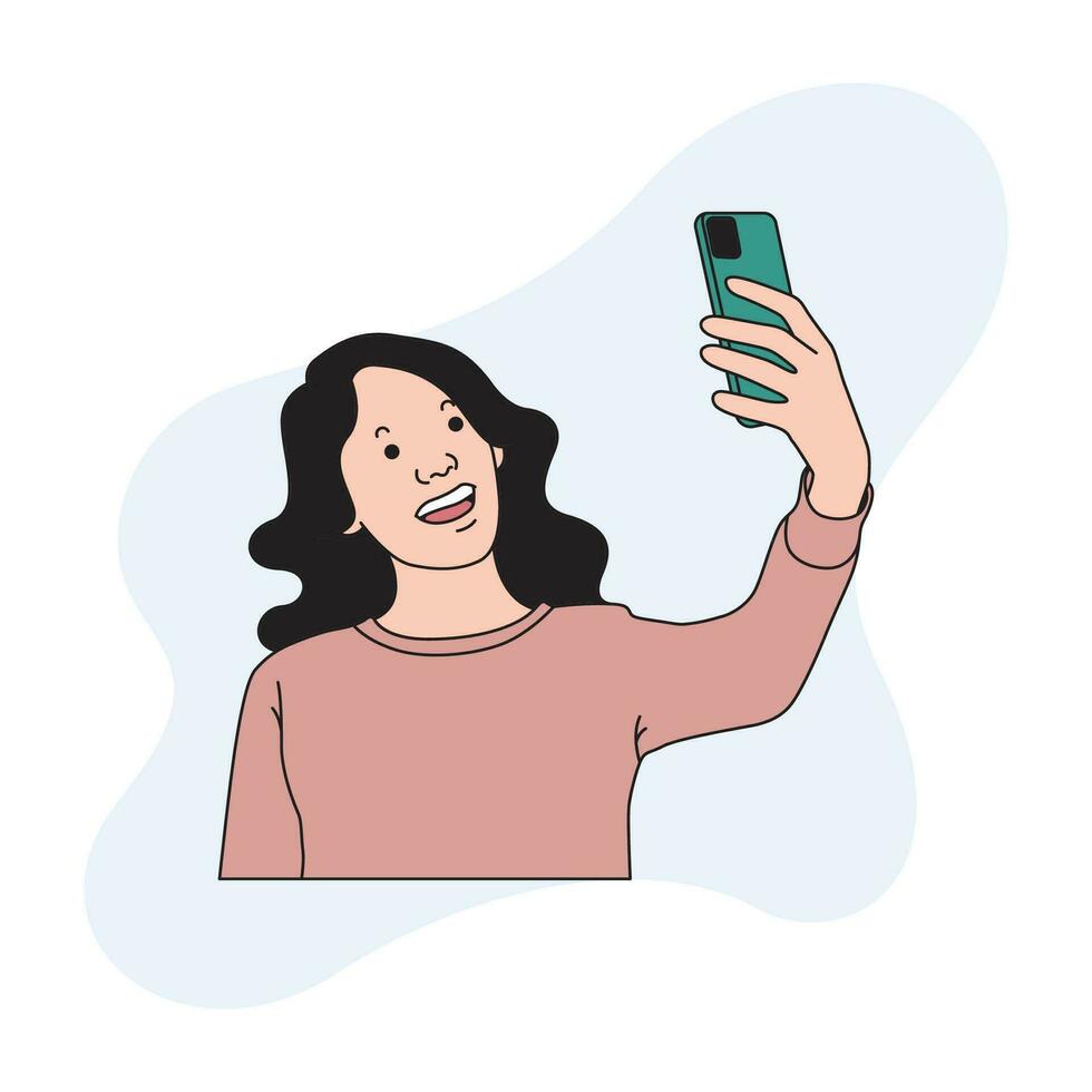 une Jeune femmes est ayant amusement avec sa cellule téléphone selfie vecteur