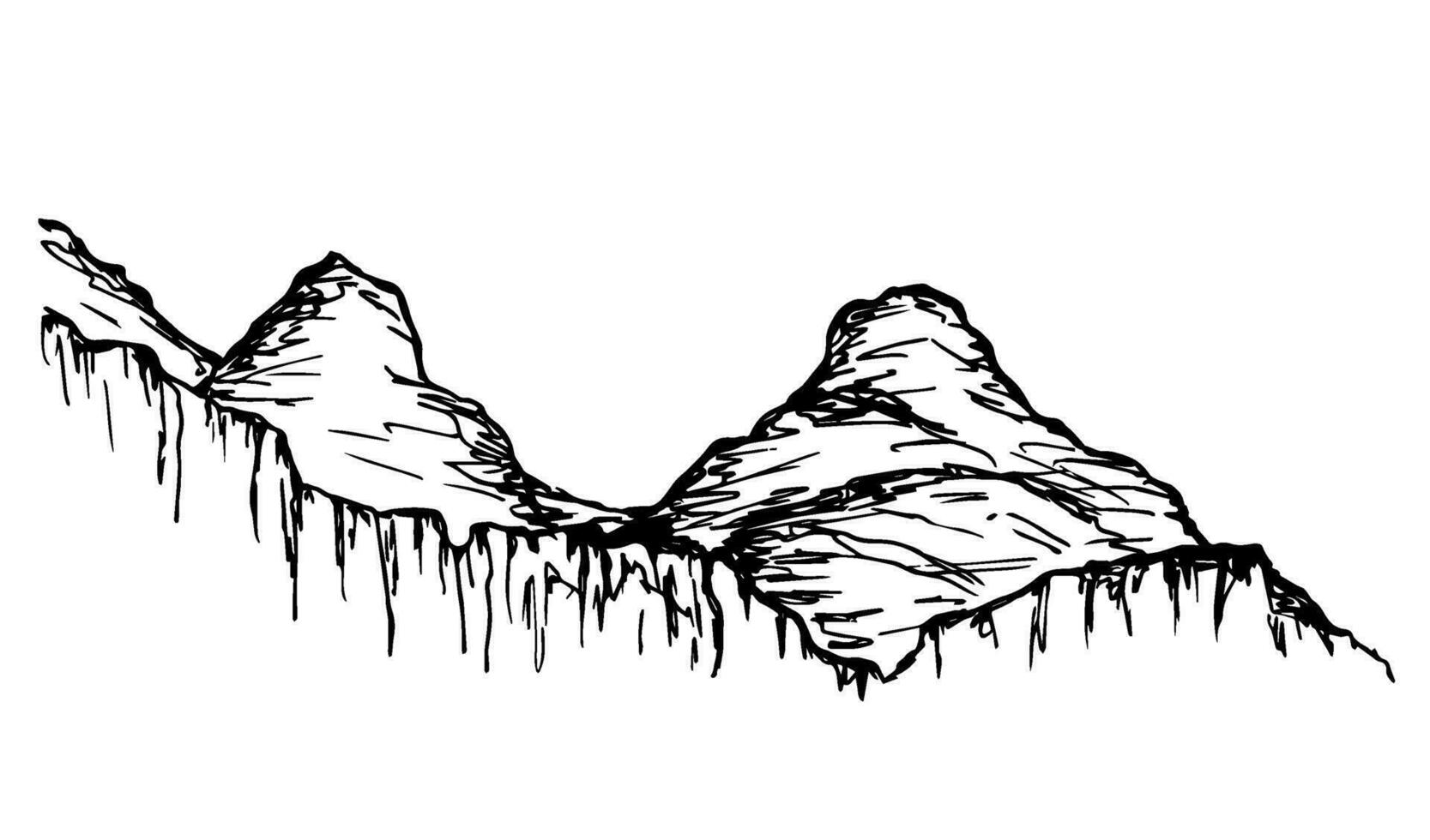 sauvage paysage, dessiné à la main vecteur illustration de une noir contour sur une blanc arrière-plan, silhouette de montagnes, pics, rocheux terrain. pour tourisme, voyage, la nature de montagneux des pays, cartes postales.