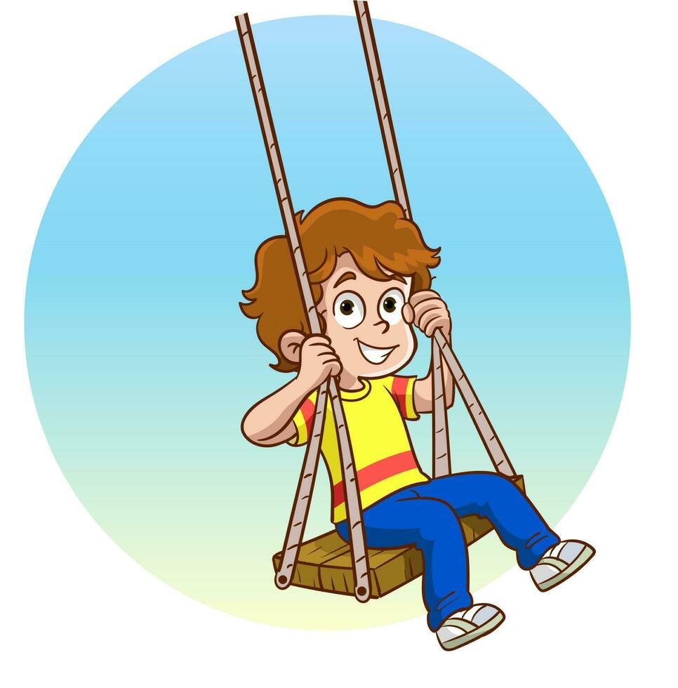 mignonne préscolaire garçon balançant sur corde, content garçon ayant amusement sur balançoire dessin animé vecteur illustration