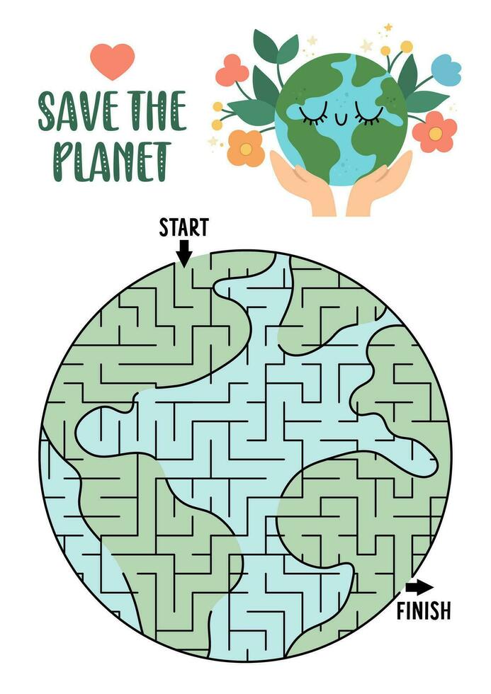 écologique géométrique Labyrinthe pour les enfants en forme de comme une planète. Terre journée préscolaire activité. éco conscience ou zéro déchets labyrinthe jeu, puzzle. la nature ou monde protection imprimable feuille de travail vecteur