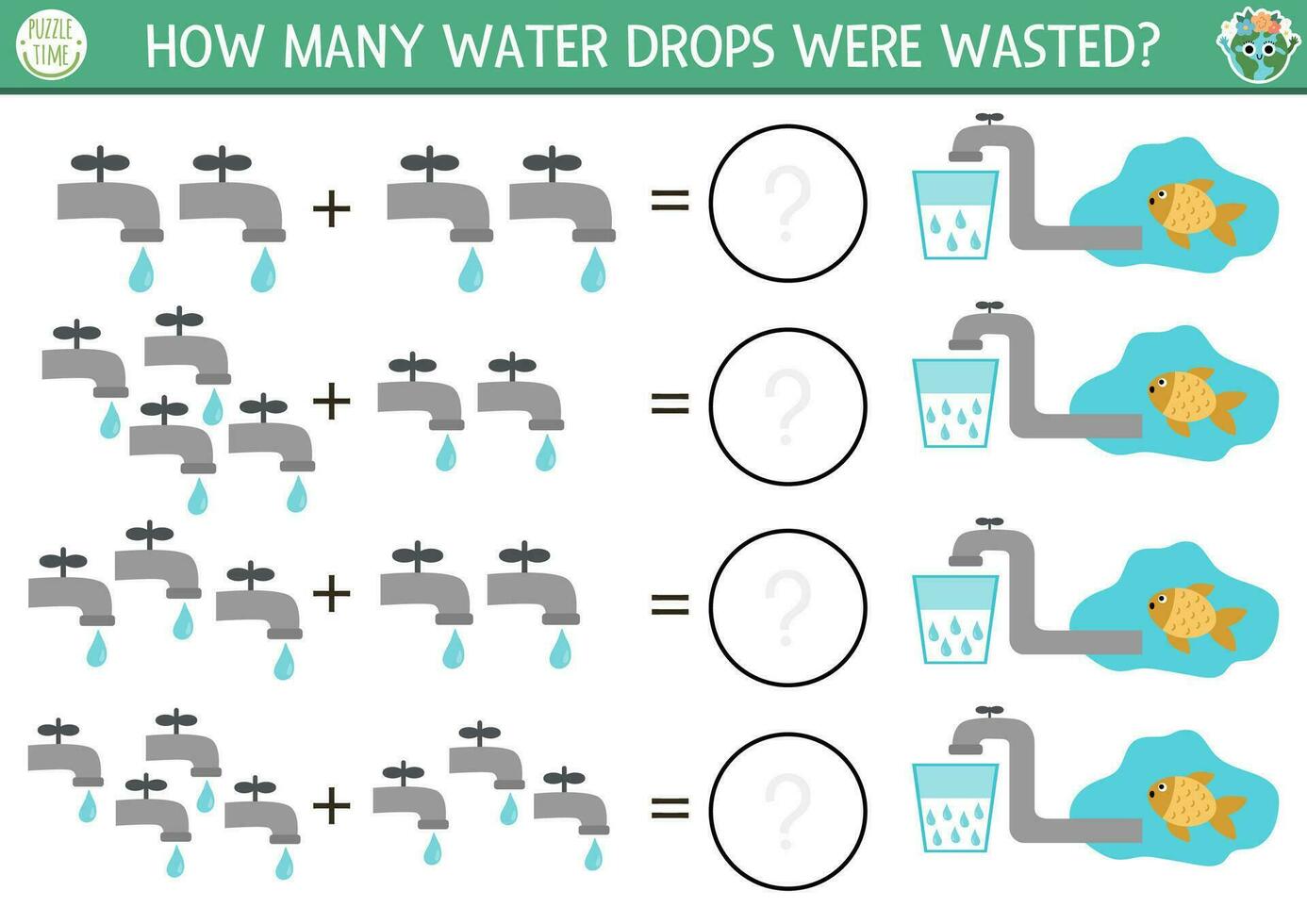 Comment beaucoup gouttes Jeu avec robinets. écologique math une addition activité pour préscolaire les enfants. Facile éco Terre journée imprimable compte feuille de travail pour des gamins avec l'eau économie concept vecteur