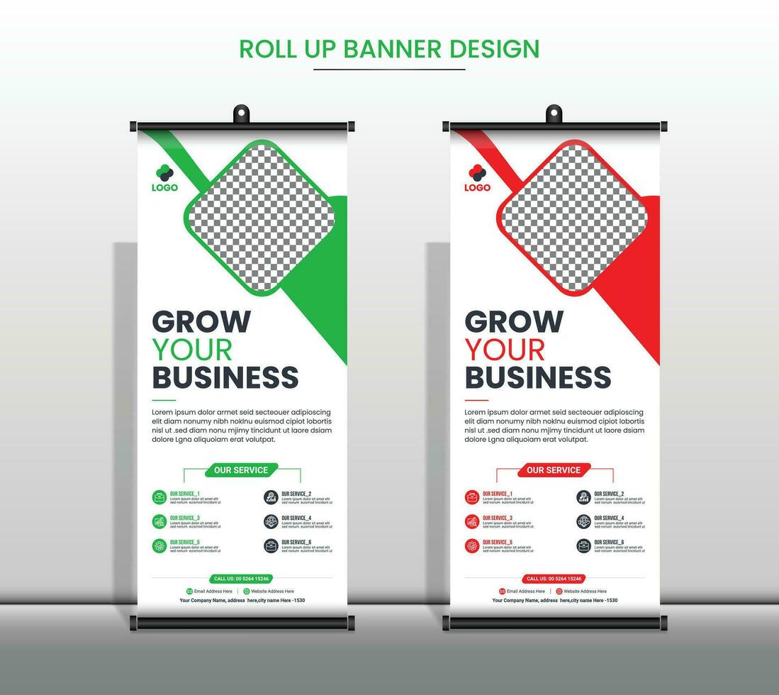 Créatif affaires agence rouleau en haut bannière conception, entreprise rollup bannière avec vert, rouge Couleur modèle pro vecteur