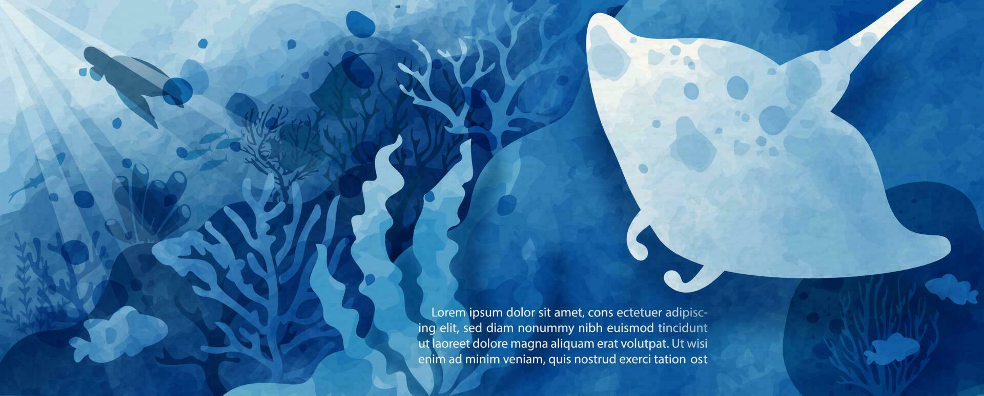 Raie avec le scène de en dessous de océan dans aquarelle style, exemple des textes sur blanc papier modèle Contexte. carte et affiche de océan dans bleu aquarelle style et bannière vecteur conception.