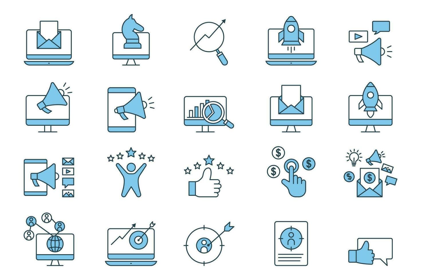 numérique commercialisation ensemble icône. contient analyste Icônes, email commercialisation, référencement, commercialisation stratégie, social commercialisation, alimentation retour et autres. plat ligne icône style conception. Facile vecteur conception modifiable
