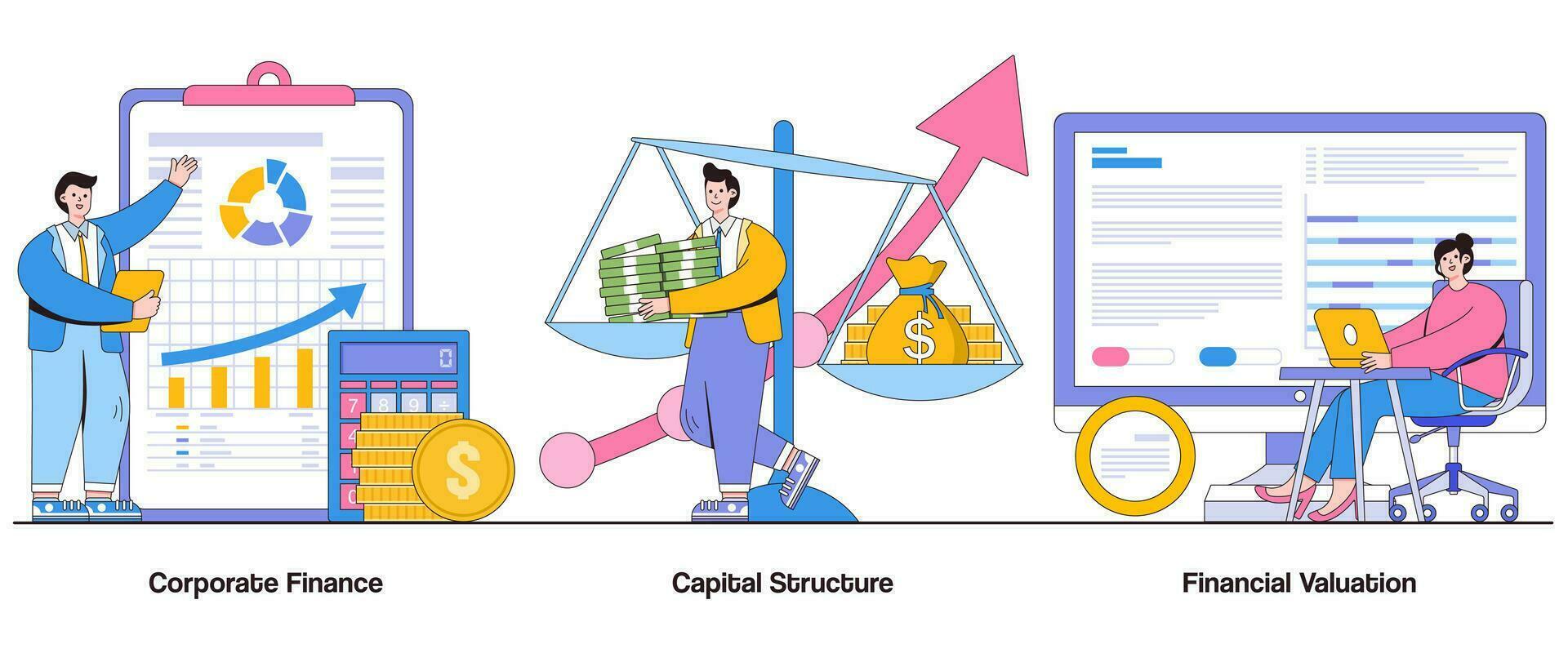 entreprise finance, Capitale structure, financier évaluation concept avec personnage. financier la gestion abstrait vecteur illustration ensemble. dette équité rapport, financier la modélisation, investissement évaluation