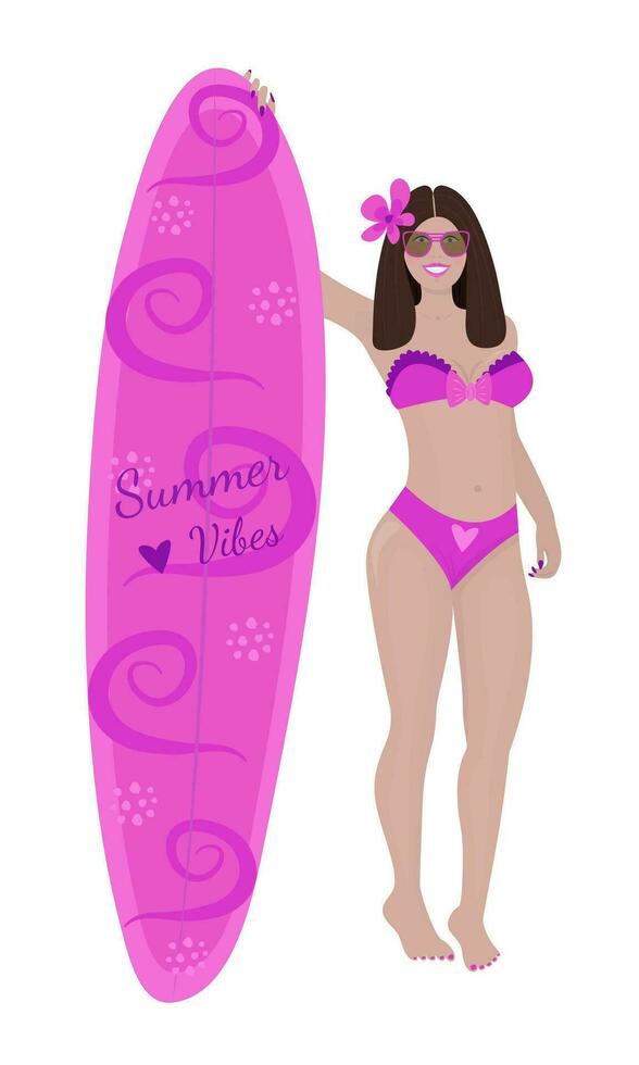 content brunette femme dans des lunettes de soleil et avec une planche à voile vecteur