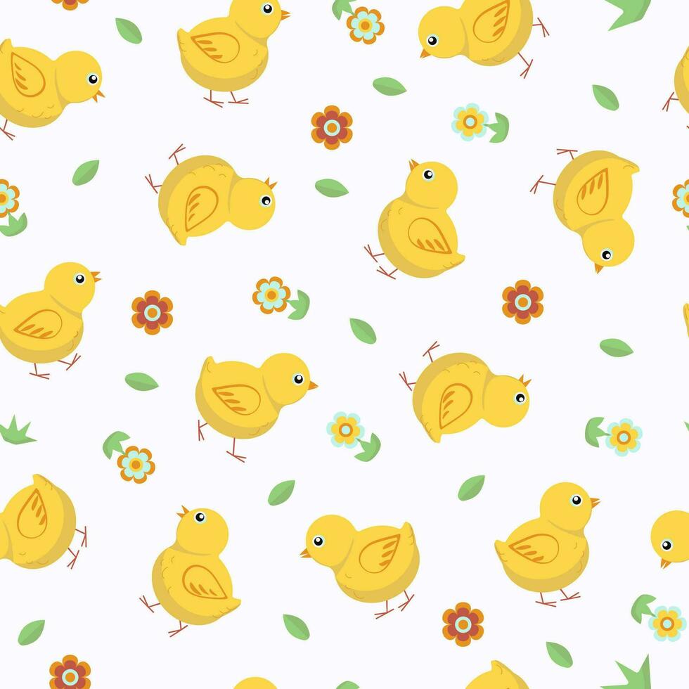 vecteur modèle de dessin animé poulets, sans couture Jaune poulets et fleurs. Pâques décor, enfants textile, emballage, fond d'écran. vecteur illustration sur isolé Contexte.