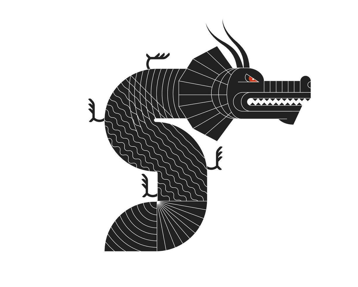 abstrait géométrique chinois dragon zodiaque noir symbole avec art linéaire modèle. asiatique sacré moderne minimal forme symbole conception de la bonté et pouvoir. bauhaus tuile motif. Japonais ancien vecteur animal