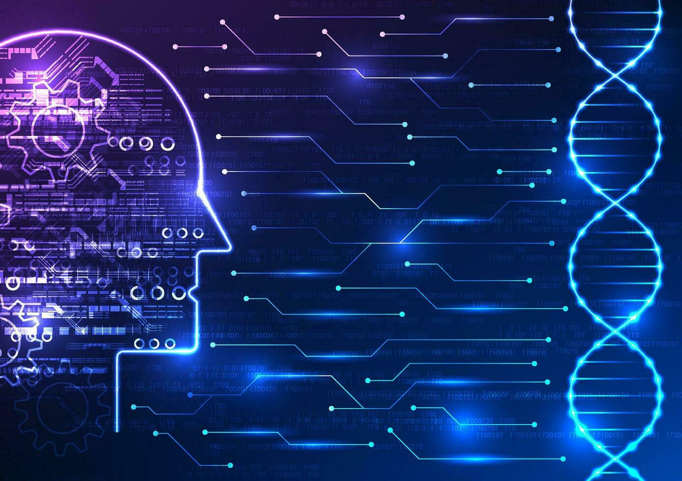 médical La technologie et artificiel intelligence dans une captivant image. témoin le ADN structure connecté à un ai cerveau par une circuit conseil, avec une fascinant numérique code toile de fond vecteur