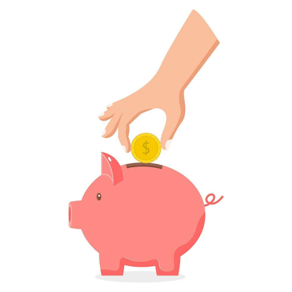 porcin banque avec main en portant pièce de monnaie vecteur illustration. icône de économie argent. bancaire ou investissement concept