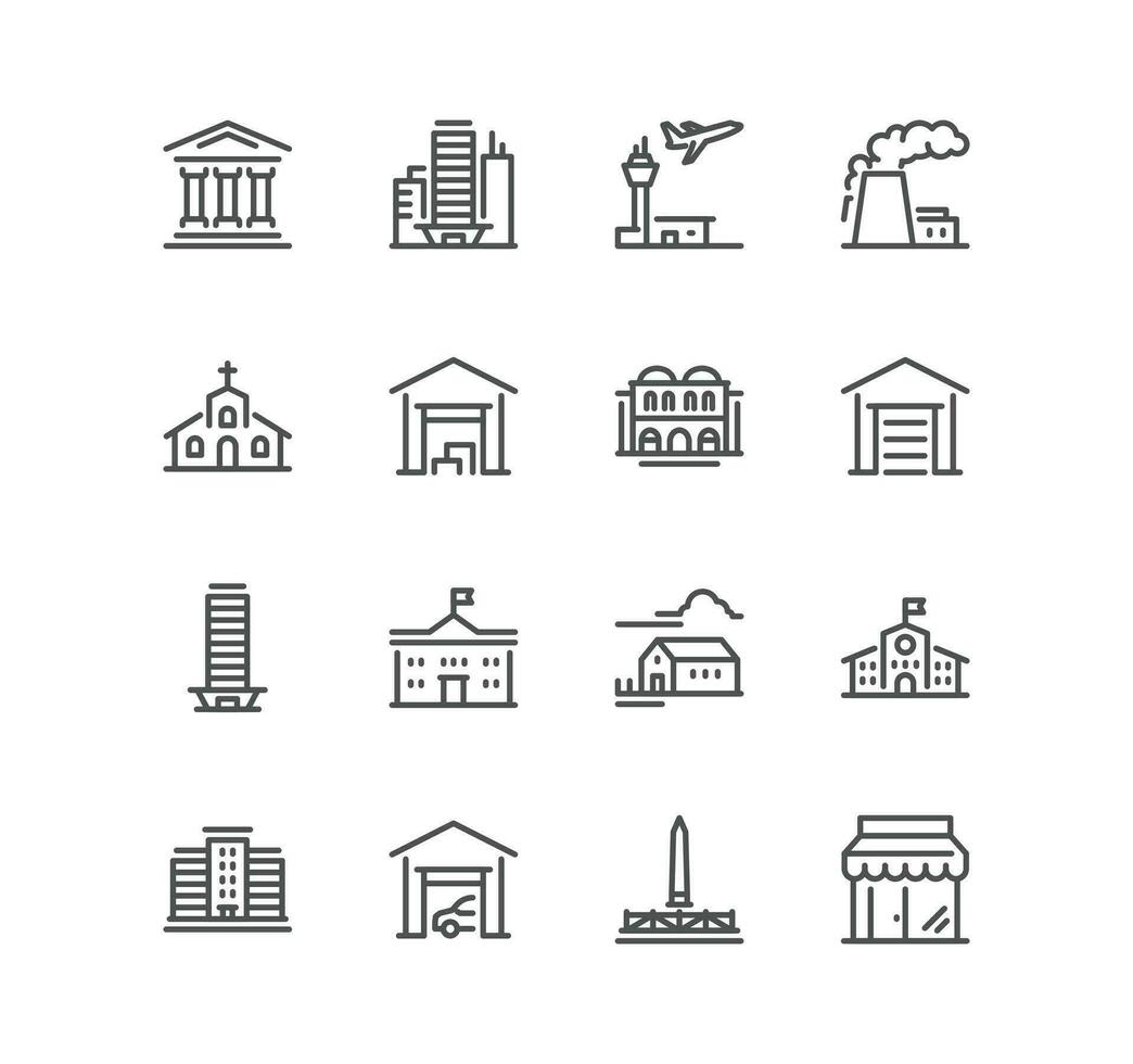 ensemble de bâtiments en relation Icônes, église, médical hôpital, aéroport, garage, résidentiel, gare, Université et linéaire variété vecteurs. vecteur