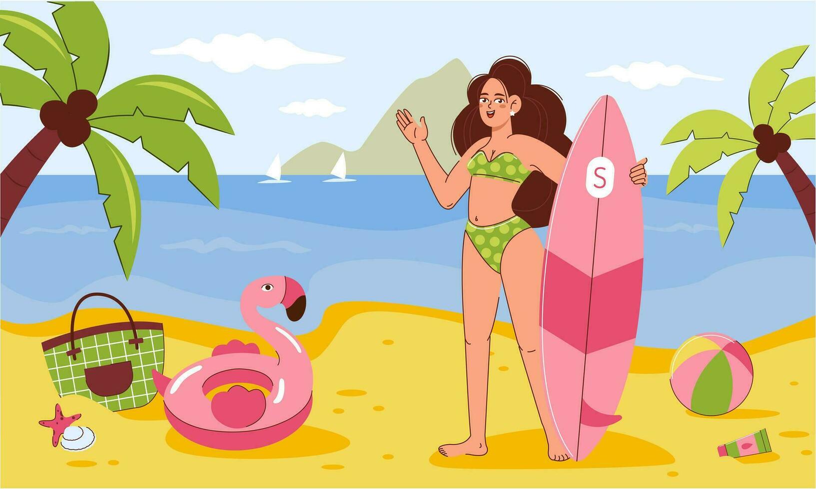 plage scène. une content fille est permanent sur le le sable avec surfant, là sont plage accessoires proche. été vacances à le mer. vecteur illustration