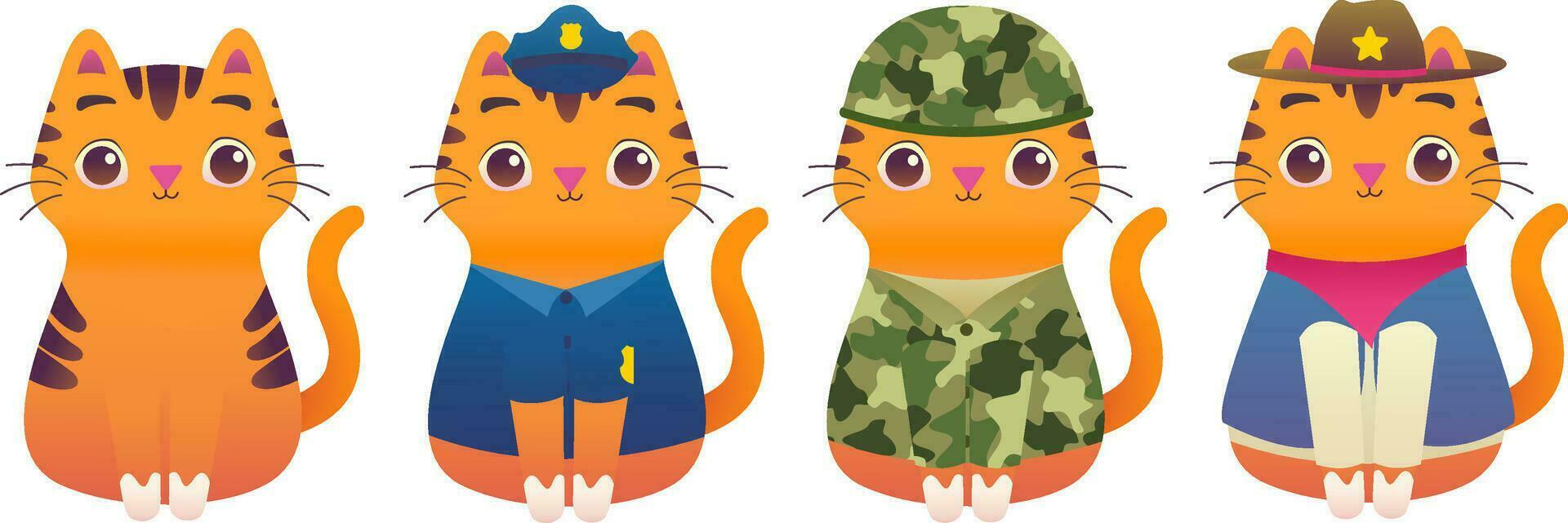 mignonne adorable minou chat professionnel ouvrier mascotte moderne plat illustration personnage - police, soldat, armée, Marin, shérif, cow-boy vecteur