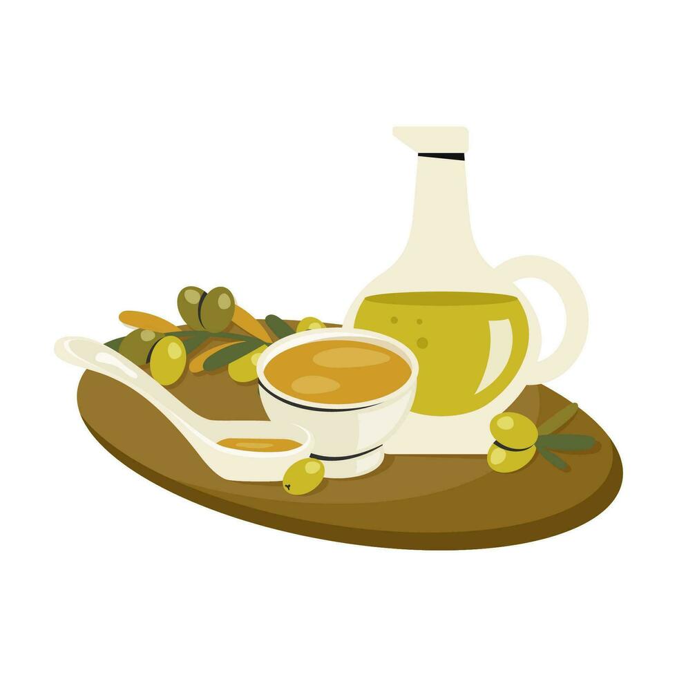 composition de olive pétrole bouteille, cuillère et bol avec Jaune graisse, branche de olive des arbres. verre ouvert lanceur de légume pétrole sur bois planche. ustensiles de cuisine, cuisine concept. vecteur plat illustration