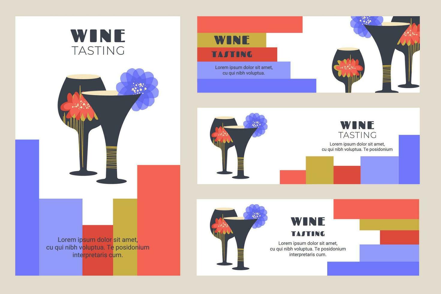 ensemble de affiche, prospectus pour du vin dégustation avec moderne verres à vin et cocktail verre. du vin événement. Créatif des lunettes avec fleur décor. vecteur pour invitation, vignoble bar, restaurant, du vin loger, fête