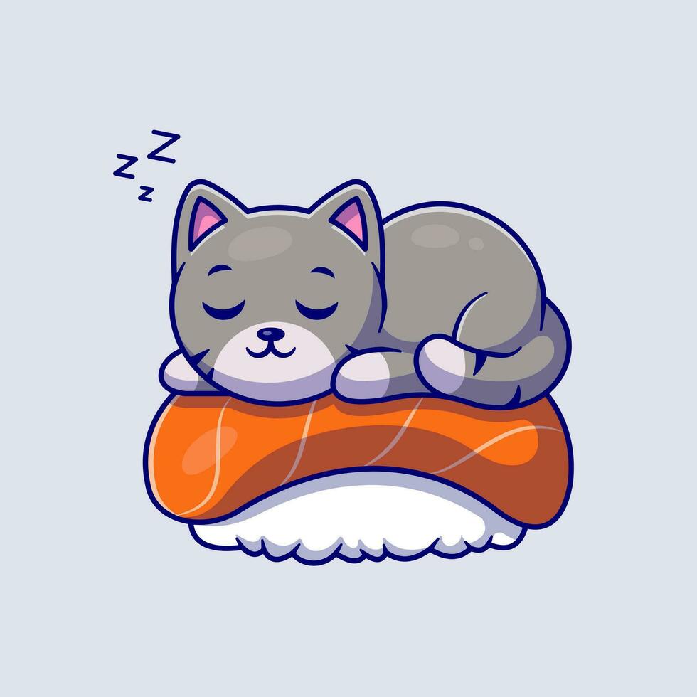 mignonne chat en train de dormir sur Sushi Saumon dessin animé vecteur icône illustration. animal nourriture icône concept isolé prime vecteur. plat dessin animé style