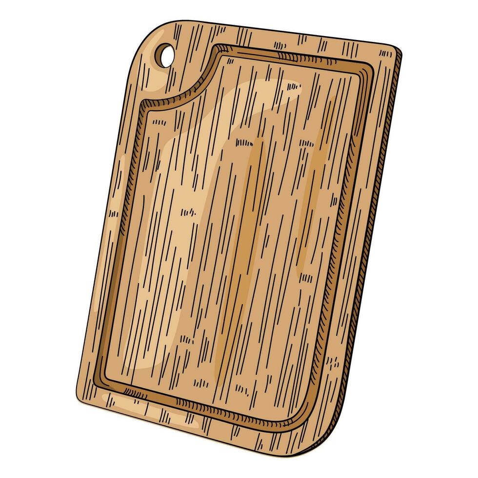 main tiré Coupe rectangulaire en bois planche. barbecue portion planche. cuisine ustensiles esquisser. gravure style. vecteur