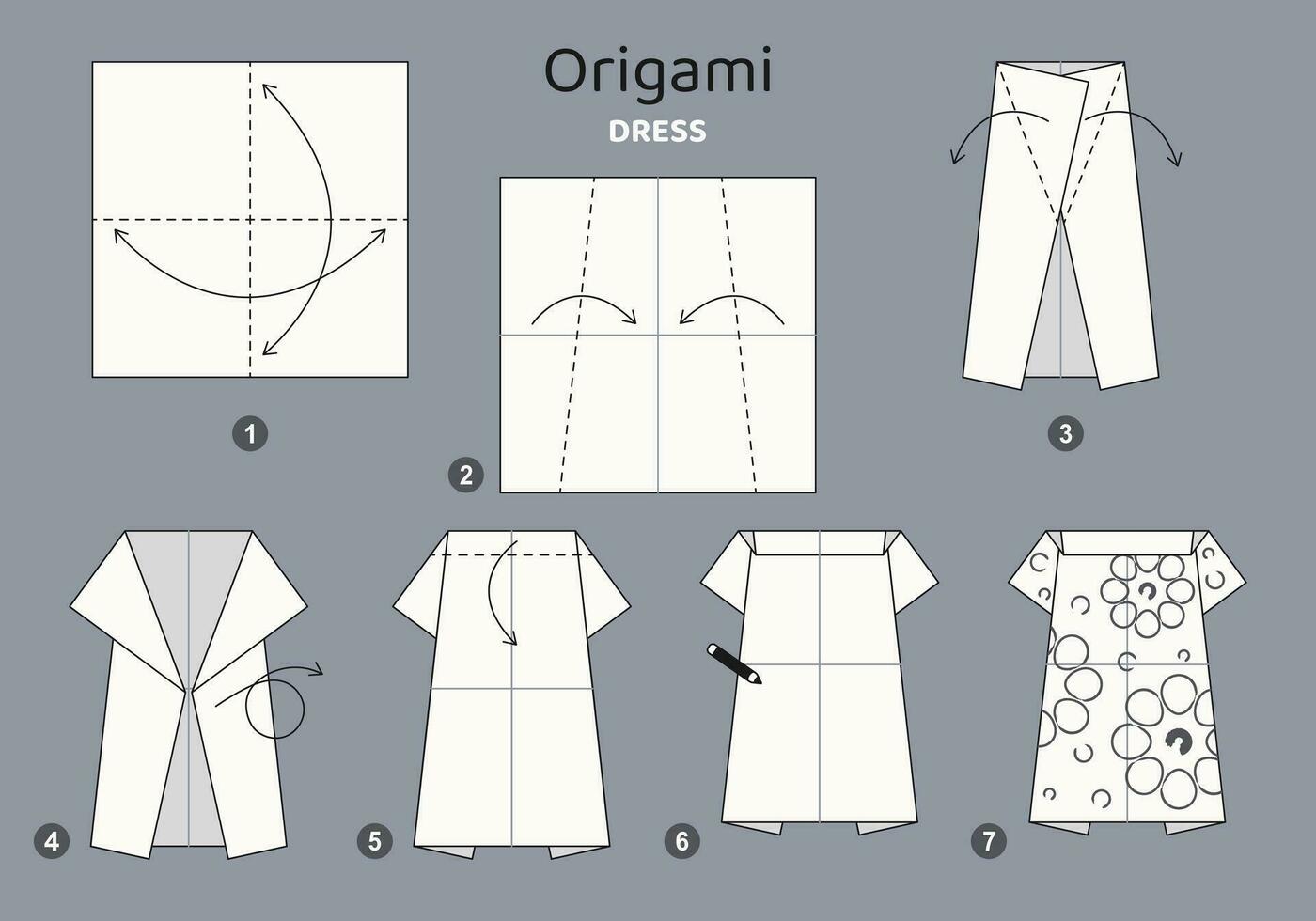 robe origami schème Didacticiel en mouvement modèle sur gris toile de fond. origami pour enfants. étape par étape Comment à faire une mignonne origami tissu pour femmes. vecteur illustration.
