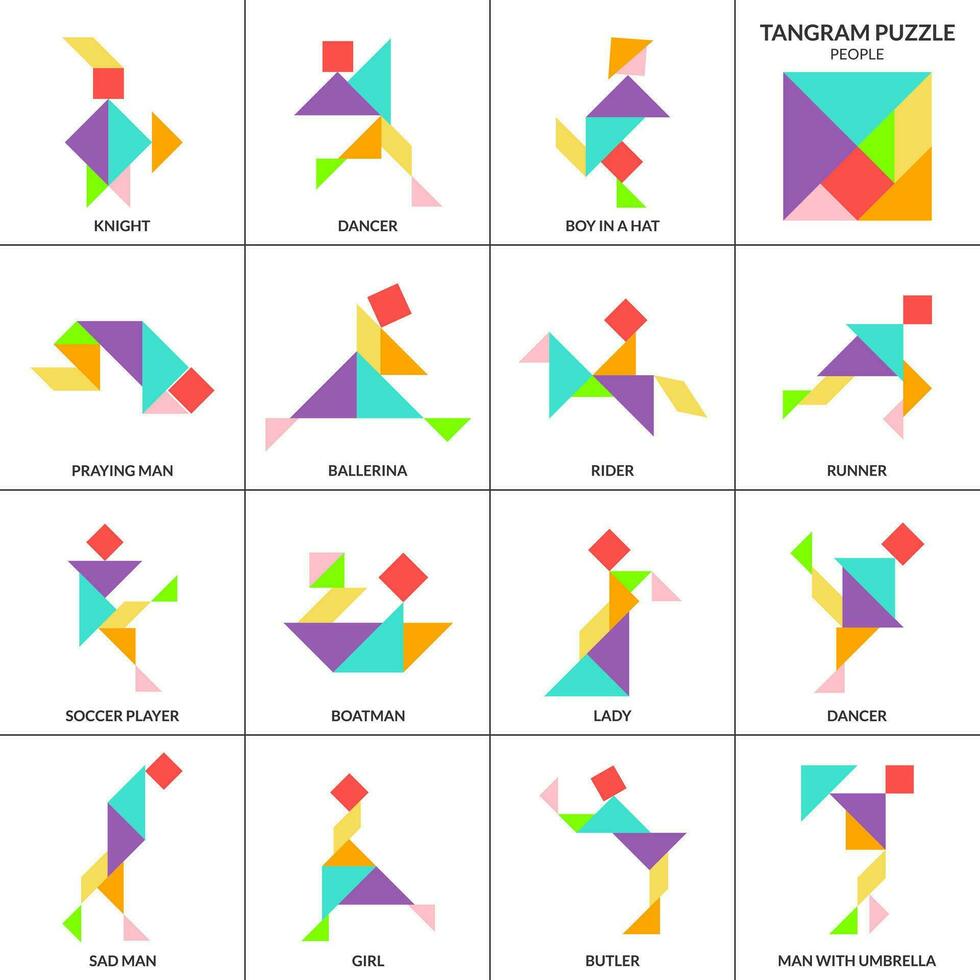 tangram puzzle Jeu pour enfants. vecteur coloré collection avec isolé gens dans divers pose. isolé tangram gens Icônes sur blanc toile de fond. vecteur illustration