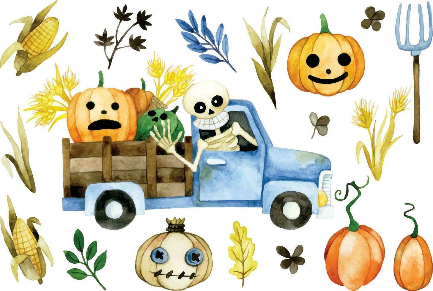 aquarelle dessin. ensemble de mignonne personnages et éléments pour Halloween. vacances décoration pour enfants, ancien style illustration vecteur