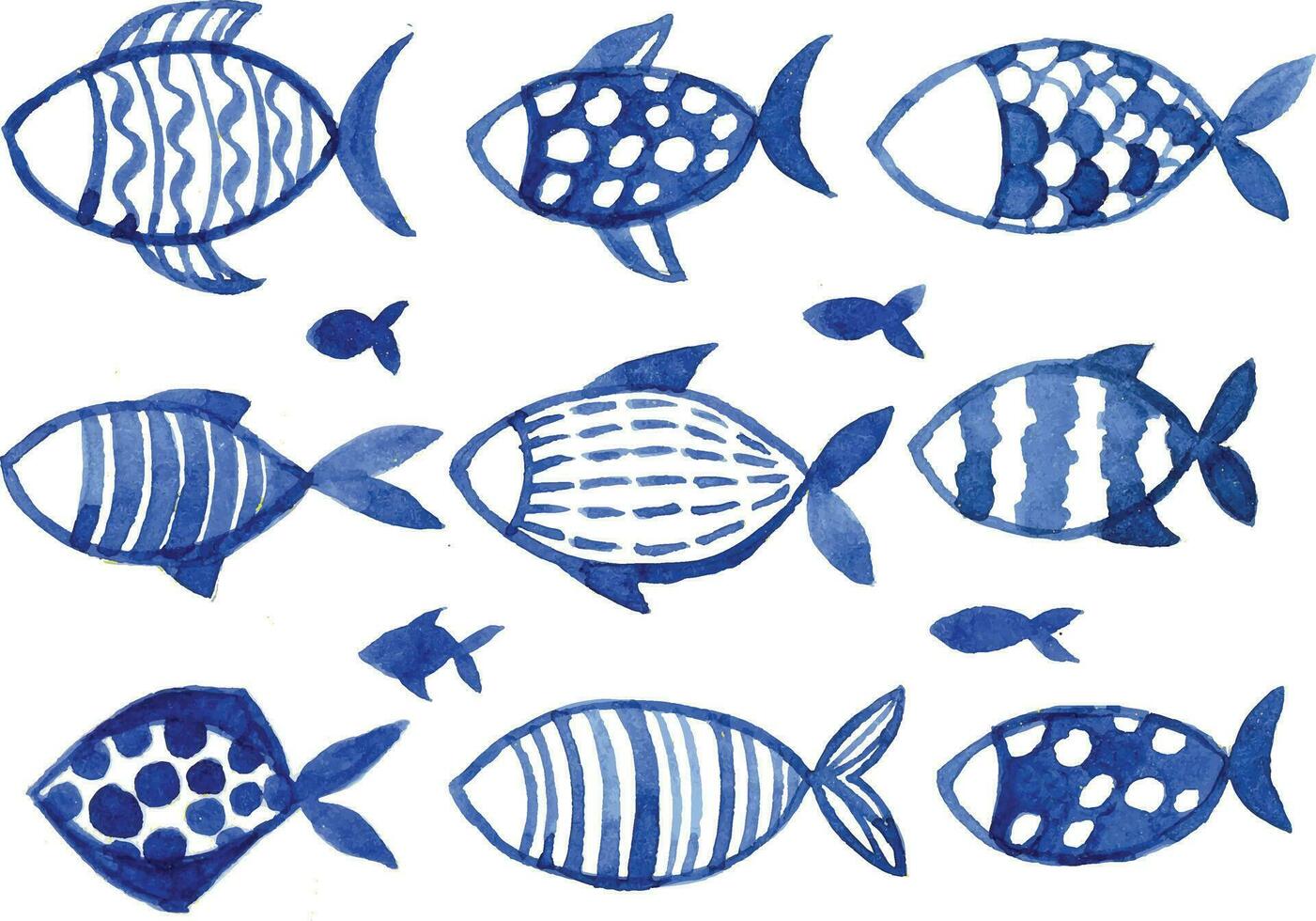 aquarelle ensemble avec poisson. enfants Facile dessin bleu poisson sur une blanc Contexte. griffonnage vecteur